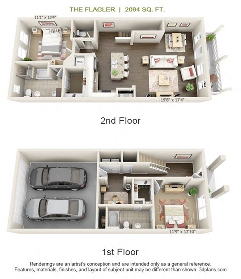 Floor plan for 2 beds, 2.5 baths, 2094 sqft